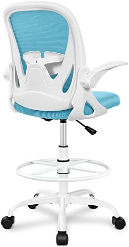 Primy Drafting Chair Tall Workplace Chair with Flip-up Armrests Govt Ergonomic Laptop Standing Desk Chair with Lumbar Assist and Adjustable Footrest Ring（Blue）