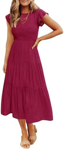 ZESICA Girls’s 2024 Summer time Informal Flutter Quick Sleeve Crew Neck Smocked Elastic Waist Tiered Midi Costume