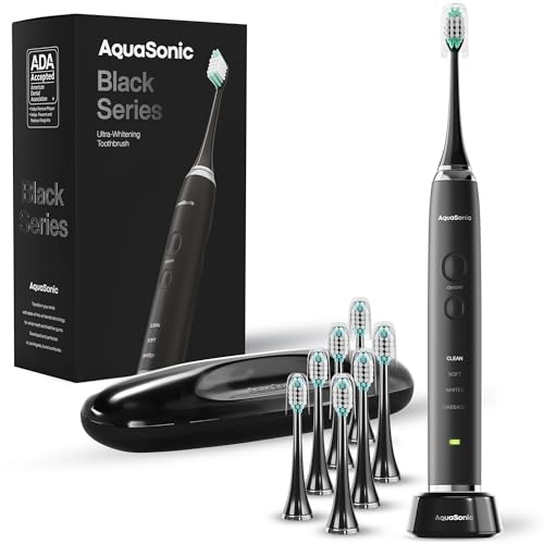 Aquasonic Black Collection Extremely Whitening Toothbrush – ADA Accepted Energy Toothbrush – 8 Brush Heads & Journey Case – 40