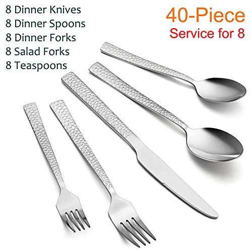 E-far-Hammered-Silverware-Set-40-Piece-Stainless-Steel-Square-Flatware-Set-for-8-Metal-Tableware-Cutlery-Set-Includes-Dinner-KnivesForksSpoons-Modern-Design-Mirror-Polished-Dishwasher-Safe