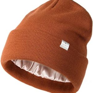YANIBEST Womens Saitn Lined Knit Beanie Hat Acrylic Winter Hats for Girls Males Silk Lining Smooth Slouchy Heat Cuffed Beanie Hat Orange