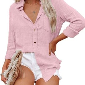Ladies’s Bamboo Cotton Linen V Neck Button Down Shirt Lengthy/Roll Up Sleeve Informal Collared Work Shirt High